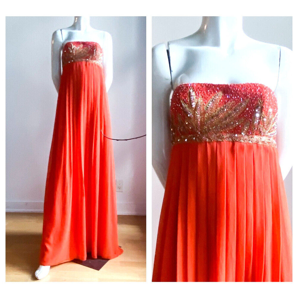 NWT Aidan Mattox Orange Beaded Empire Waist Grecian Silk Chiffon Gown 2